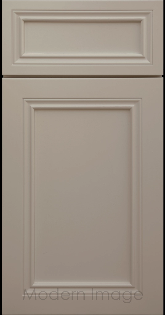 Close-up of Corona cabinets in French Grey with mitered molding and flat center panel.